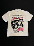 White t-shirt with graphic design and text on a black background