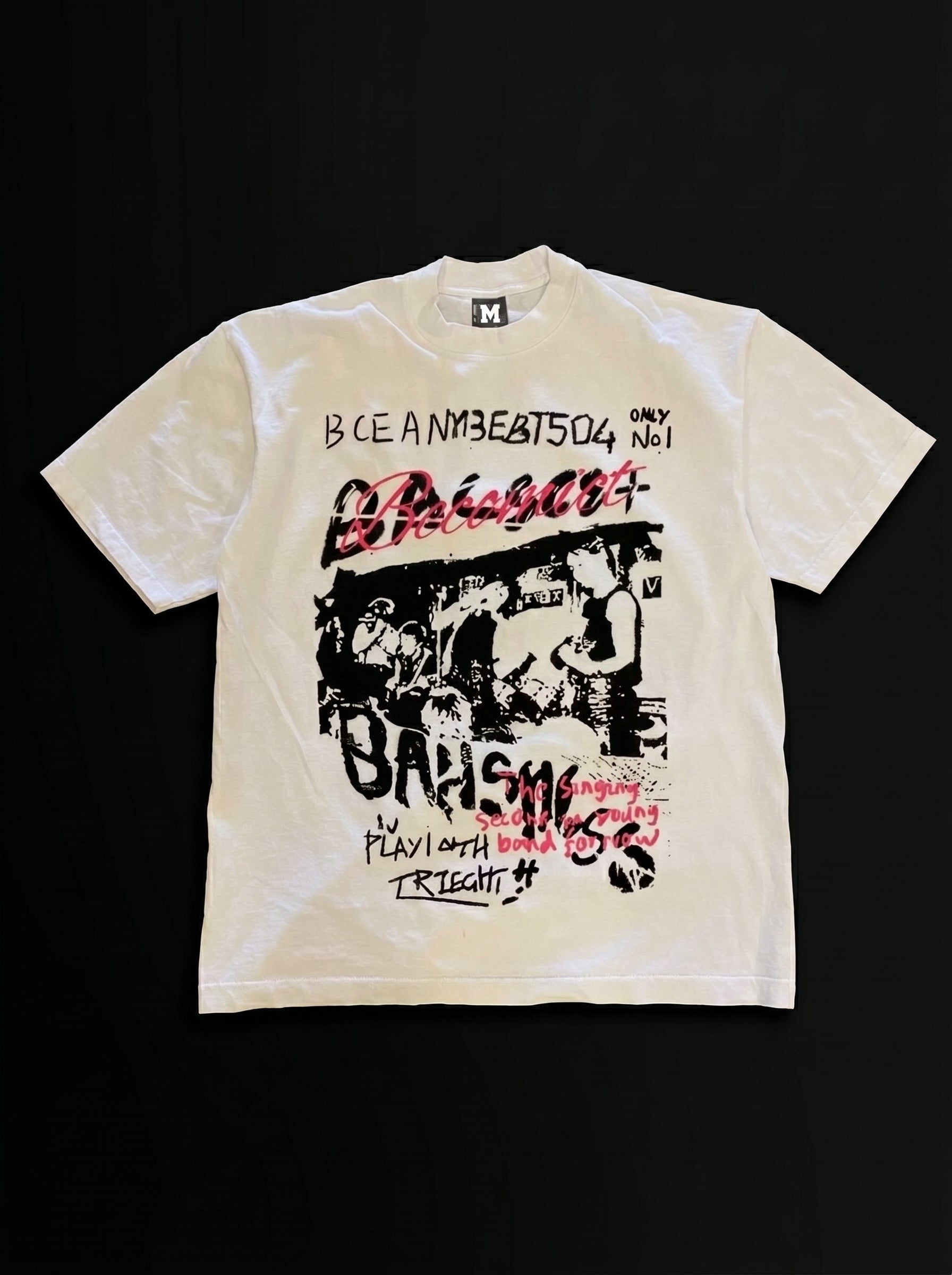 White t-shirt with graphic design and text on a black background