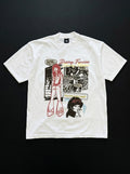 White t-shirt with graphic design on a black background