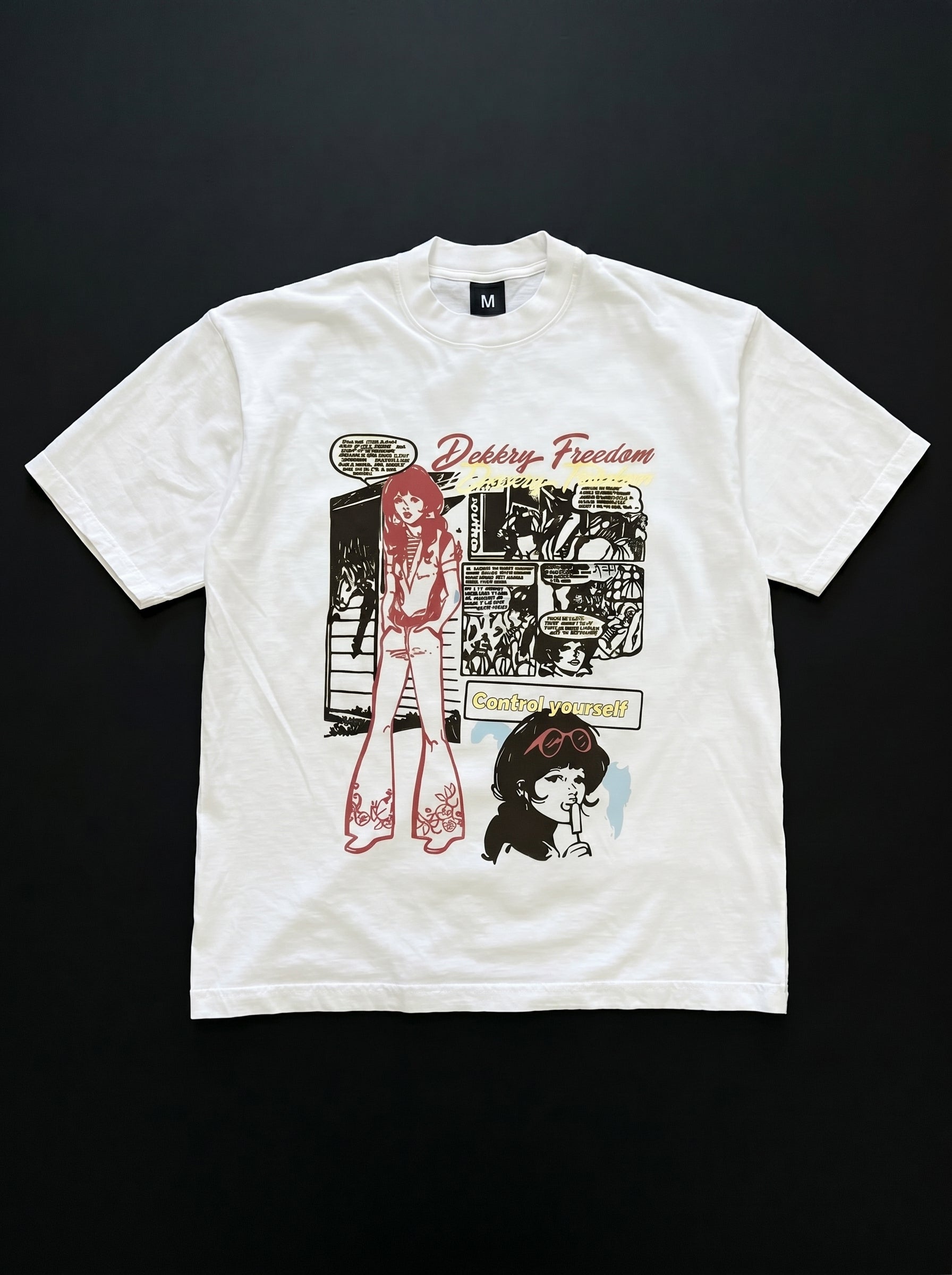 White t-shirt with graphic design on a black background