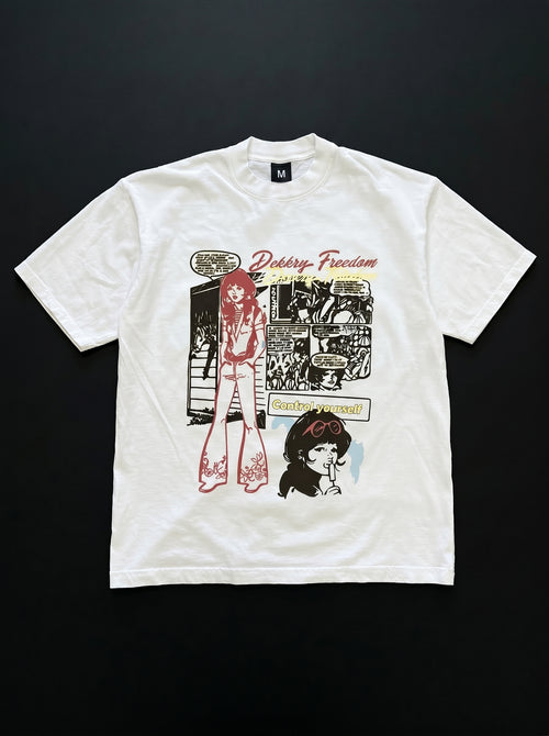 White t-shirt with graphic design on a black background