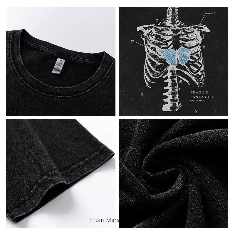 Four-panel product detail collage for a black short-sleeve T-shirt. Top-left shows the crew neck and interior label; top-right shows a black graphic print of a rib cage with a highlighted blue heart area and small text; bottom-left shows the sleeve hem and fabric edge; bottom-right shows a close-up of the black textured fabric.