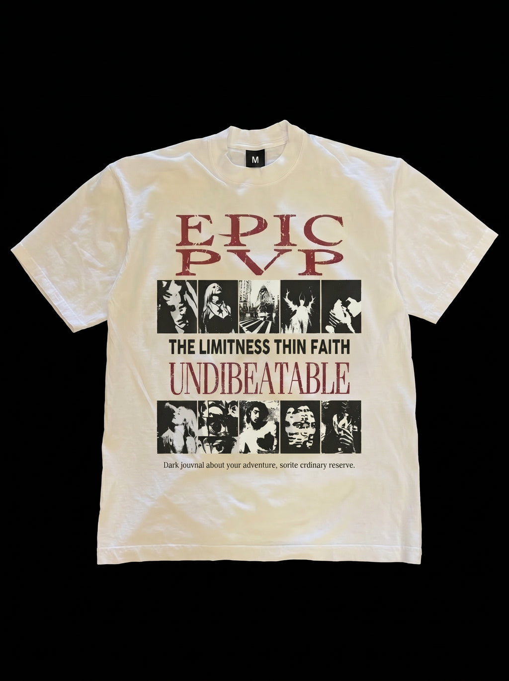Beige t-shirt with graphic design and text on a black background