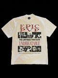 Beige t-shirt with graphic design and text on a black background