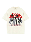 White t-shirt with red and black text and graphic on a white background
