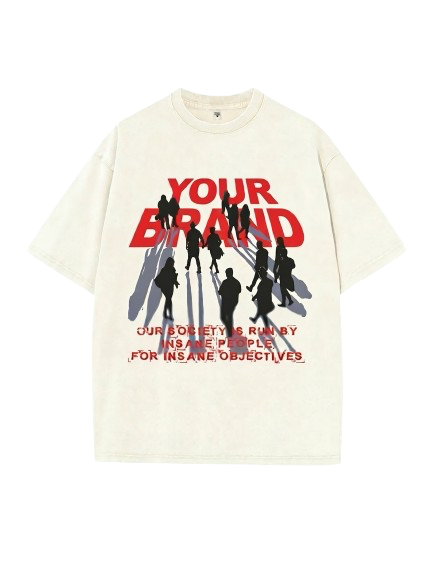 White t-shirt with red and black text and graphic on a white background
