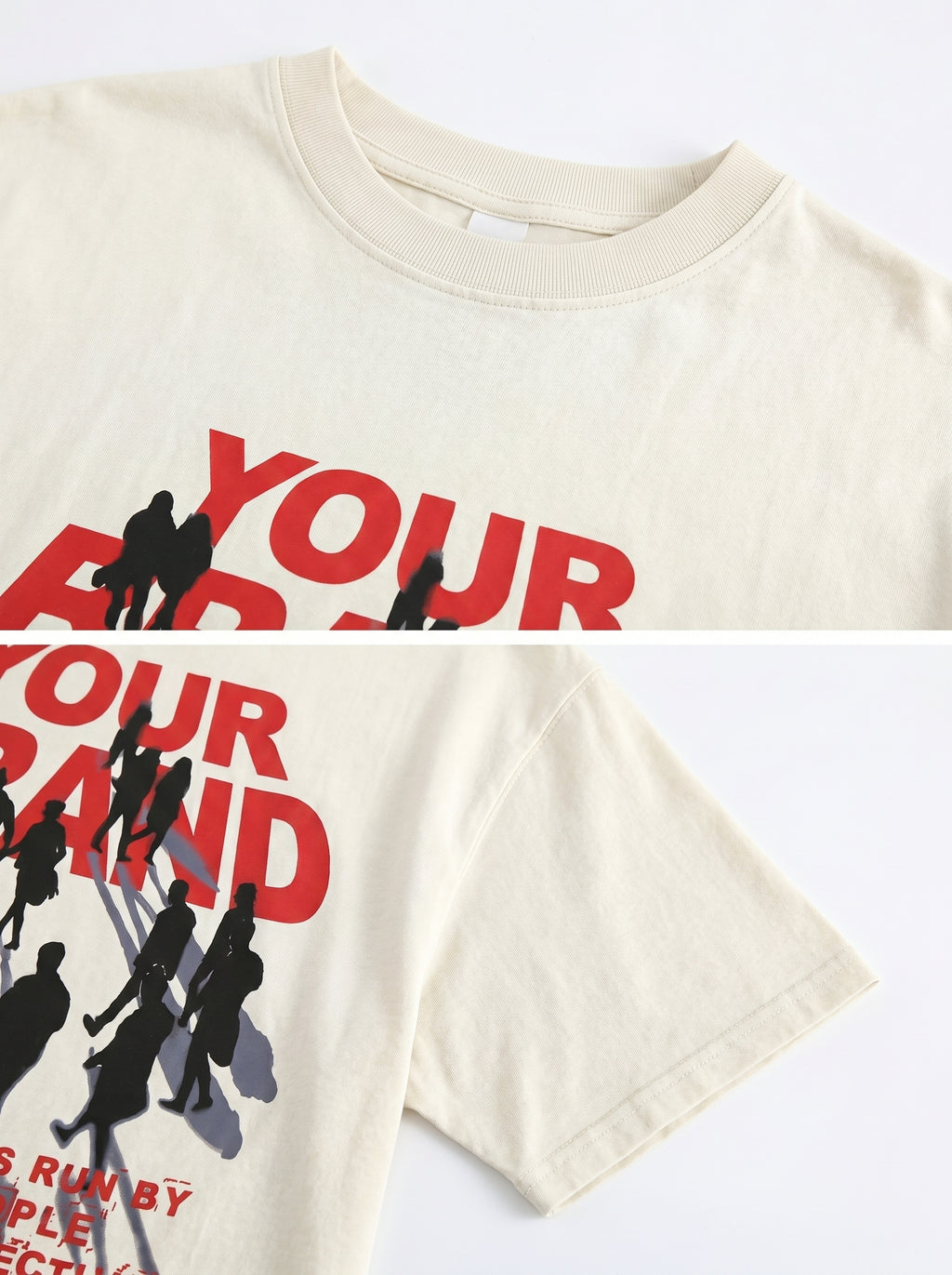Beige t-shirt with red and black graphic design on a white background