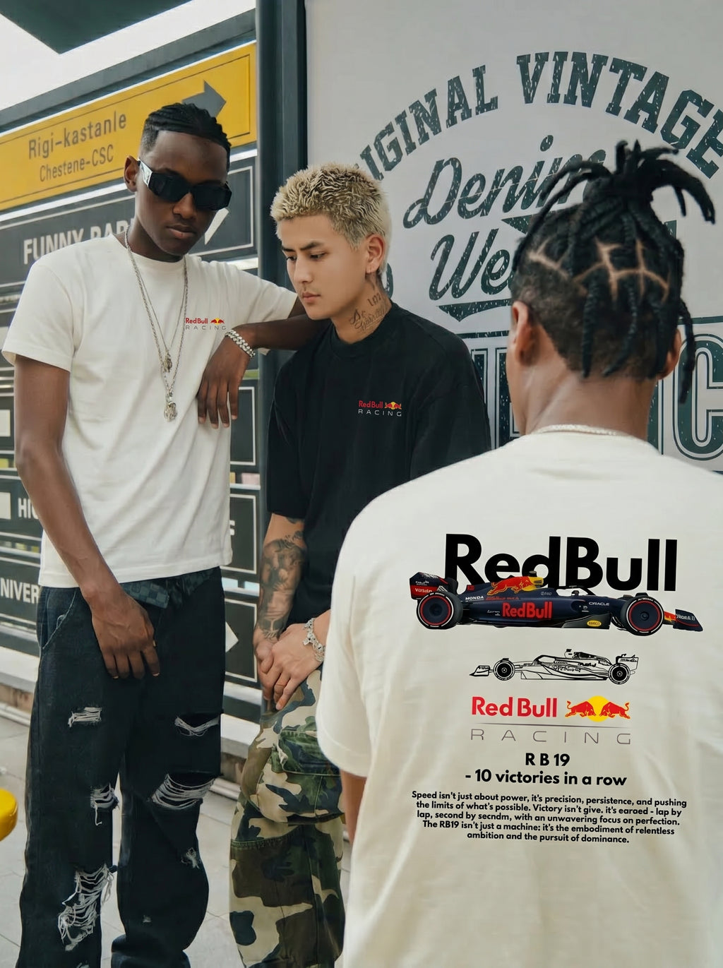 Three men standing together, with one wearing a Red Bull shirt, in front of a store with vintage clothing branding.
