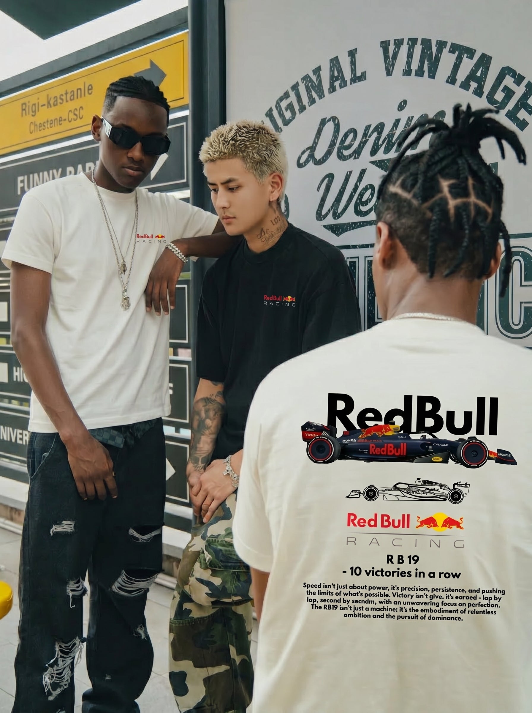 Three men standing together, with one wearing a Red Bull shirt, in front of a store with vintage clothing branding.