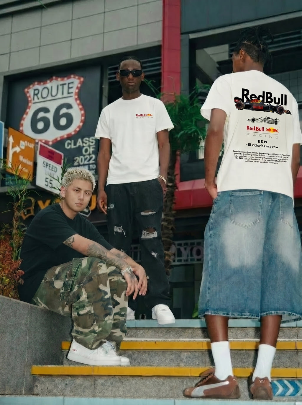 Three men standing together, with one wearing a Red Bull shirt, in front of a store with vintage clothing branding.