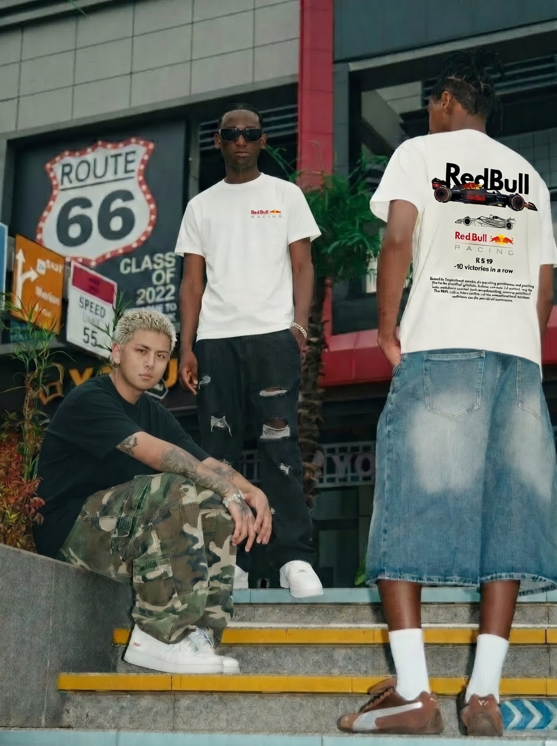 Three men standing together, with one wearing a Red Bull shirt, in front of a store with vintage clothing branding.