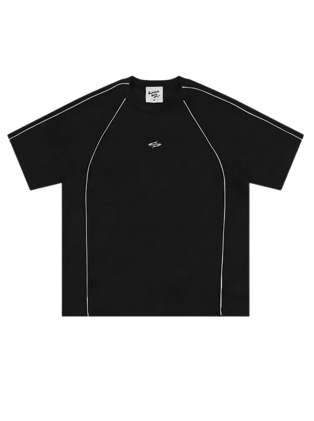 Black t-shirt with white accents on a white background