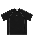 Black t-shirt with white accents on a white background