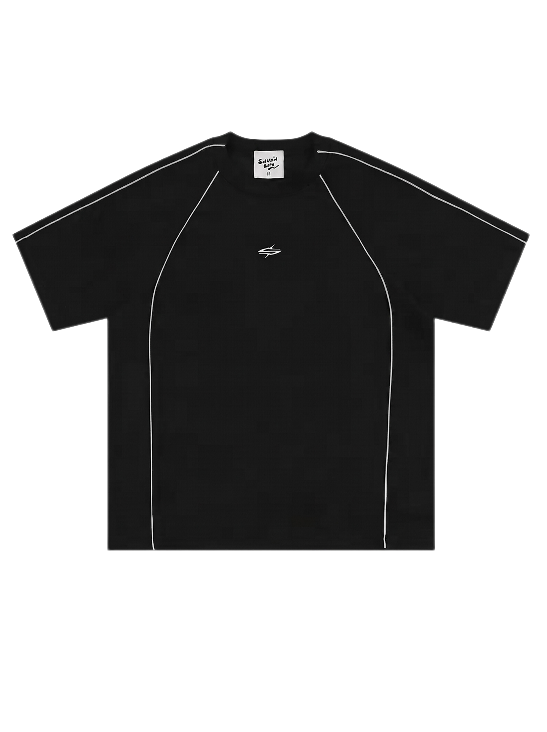 Black t-shirt with white accents on a white background