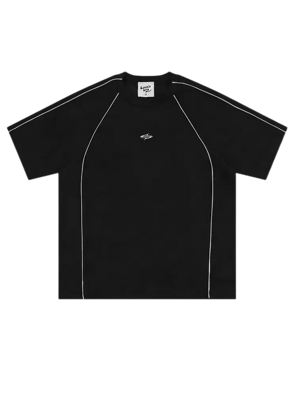 Black t-shirt with white accents on a white background