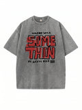 Gray t-shirt with red and black text on a white background