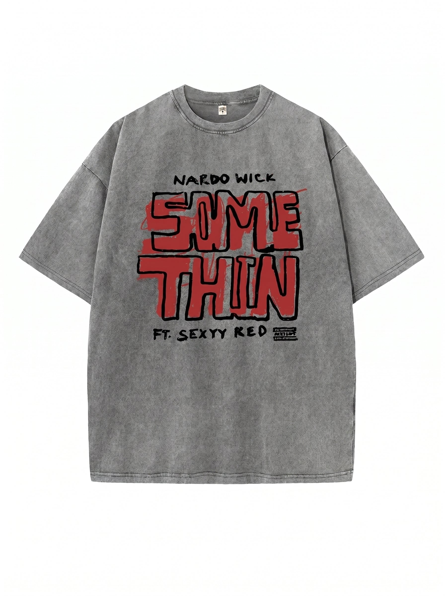 Gray t-shirt with red and black text on a white background