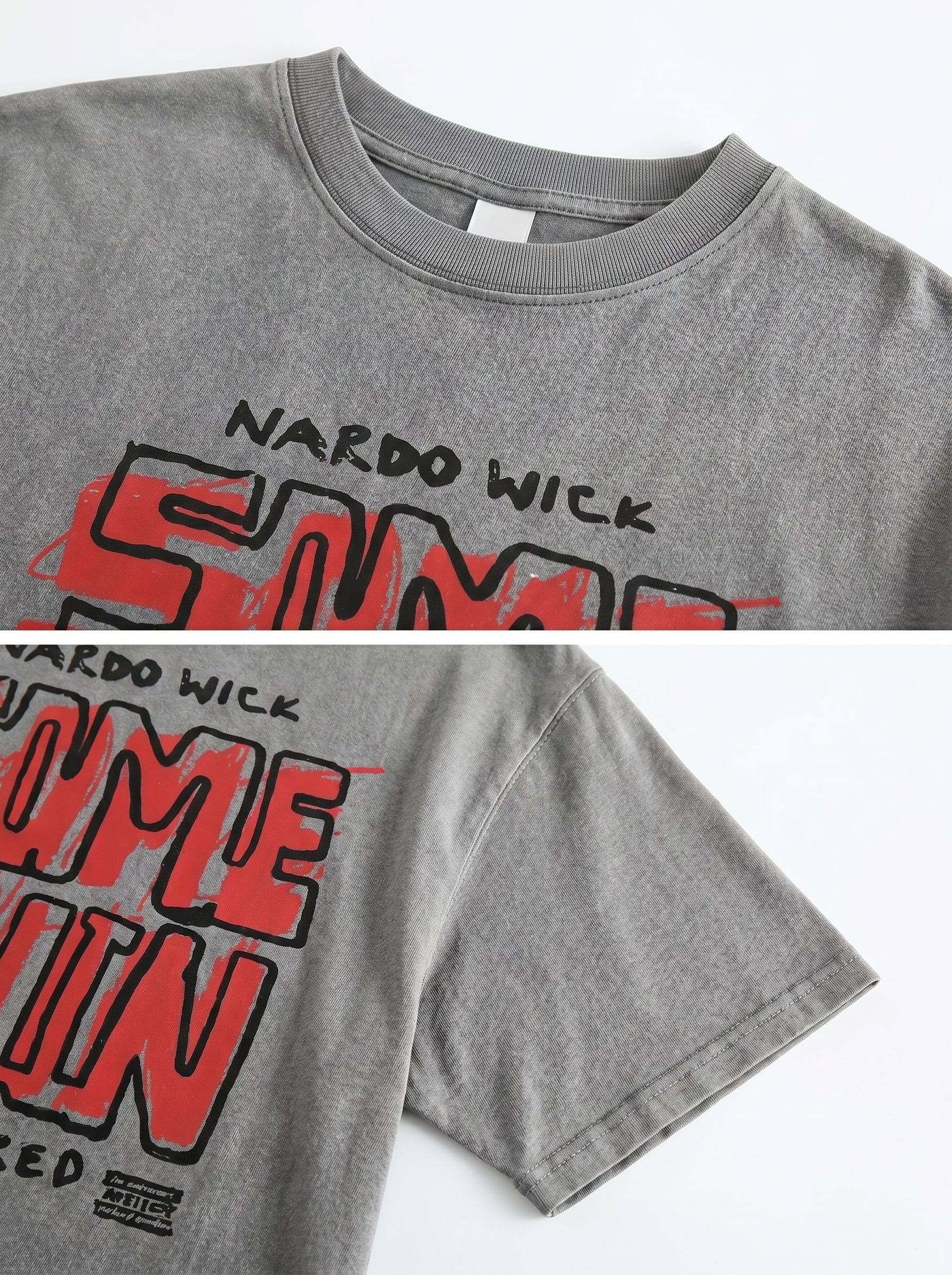 Gray t-shirt with red and black text on a white background