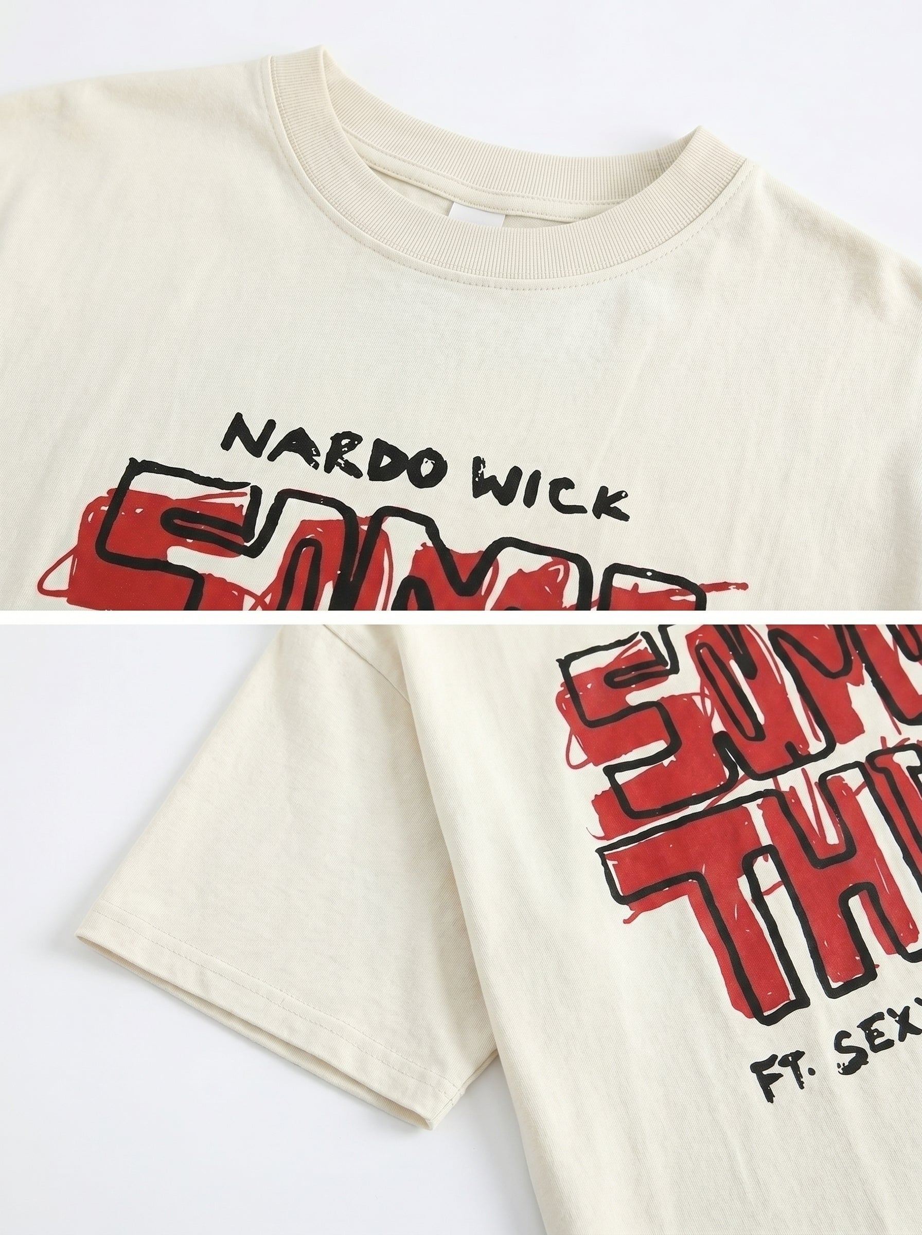 White t-shirt with red and black text design on a white background