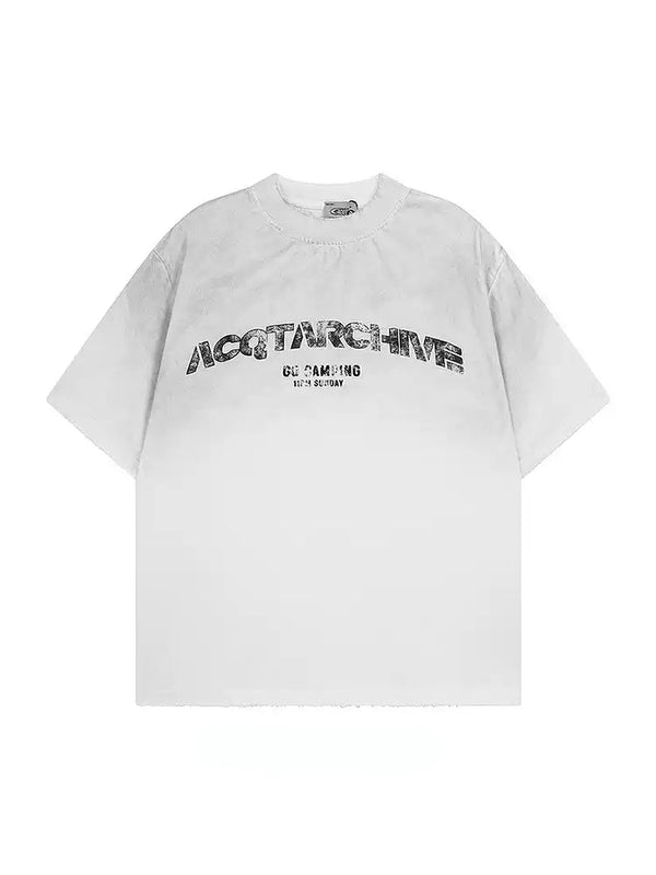 A white short-sleeve t-shirt with a distressed black graphic print reading 'ACOTARCHIVE' and 'GC CAMPING' on the chest, displayed flat against a white background.