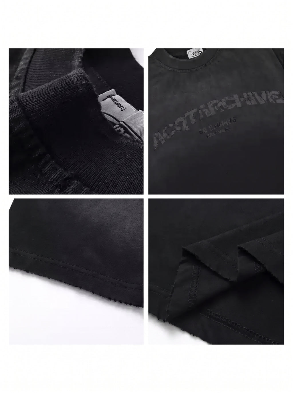 A four-panel close-up collage of a black knit garment, showing the ribbed collar with a visible neck label, tonal embroidered text across the chest, a folded hem or sleeve edge, and a folded fabric detail on a white background.