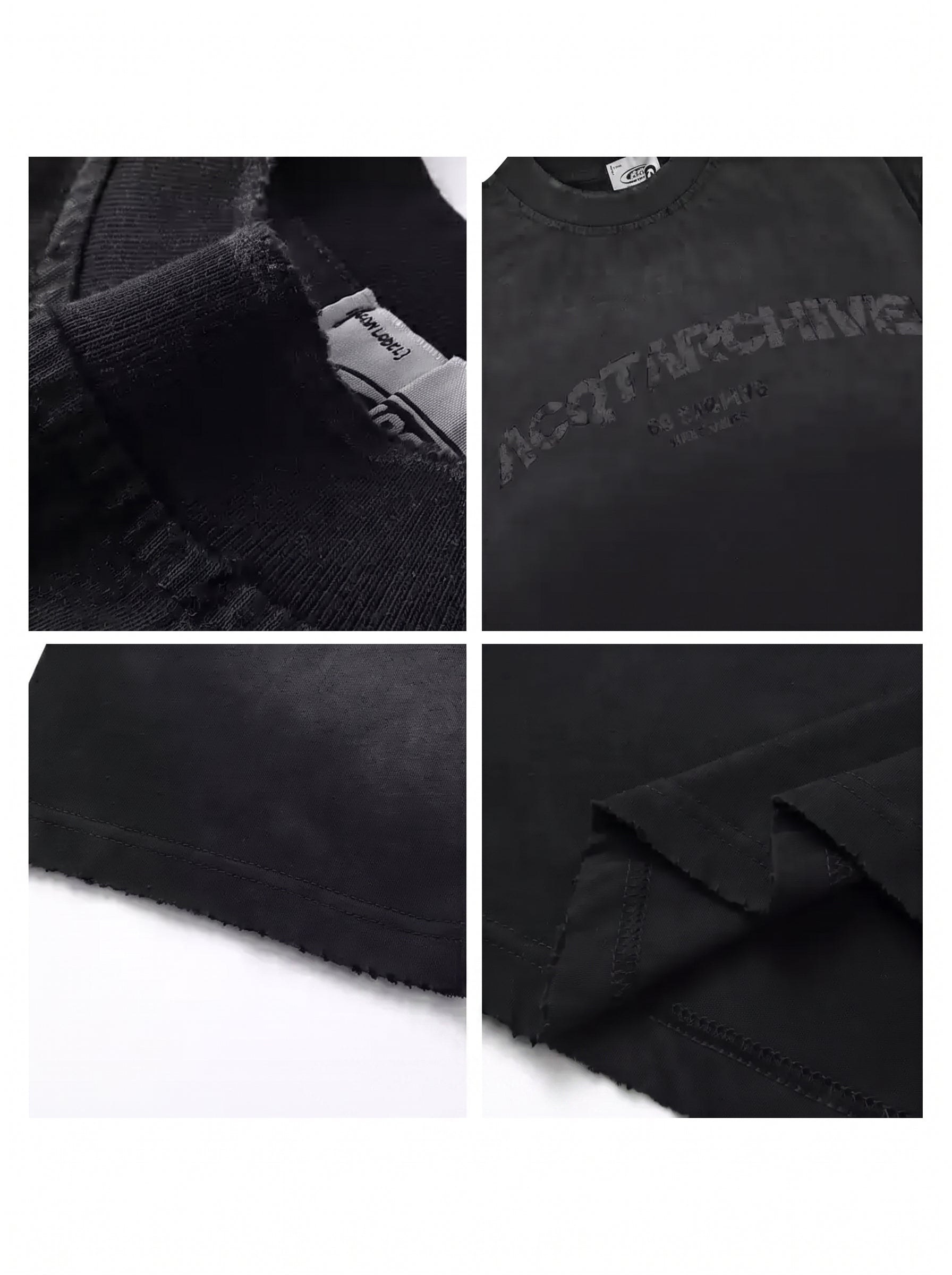 A four-panel close-up collage of a black knit garment, showing the ribbed collar with a visible neck label, tonal embroidered text across the chest, a folded hem or sleeve edge, and a folded fabric detail on a white background.