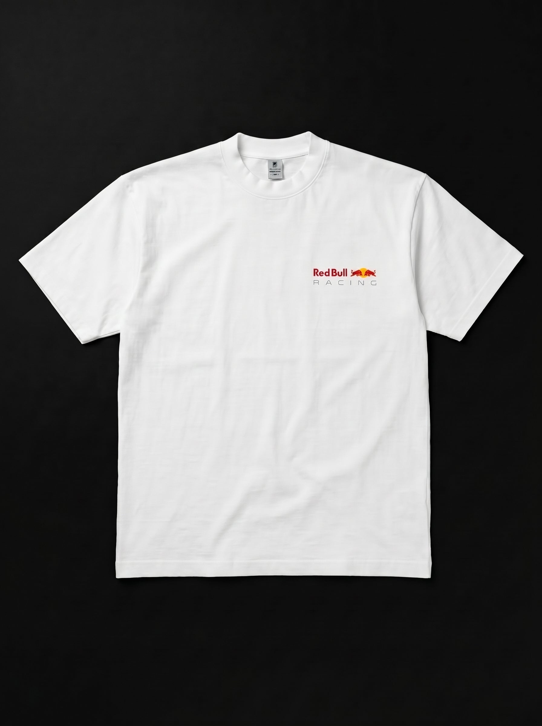 White t-shirt with Red Bull logo on a black background