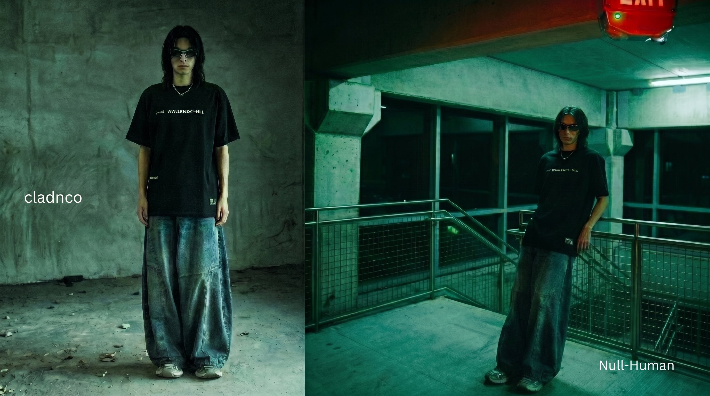 A split-screen lifestyle image showing a model wearing a black graphic t-shirt and baggy blue jeans in two different industrial environments. The left side features the model standing against a concrete wall, and the right side shows them on an elevated walkway at night.