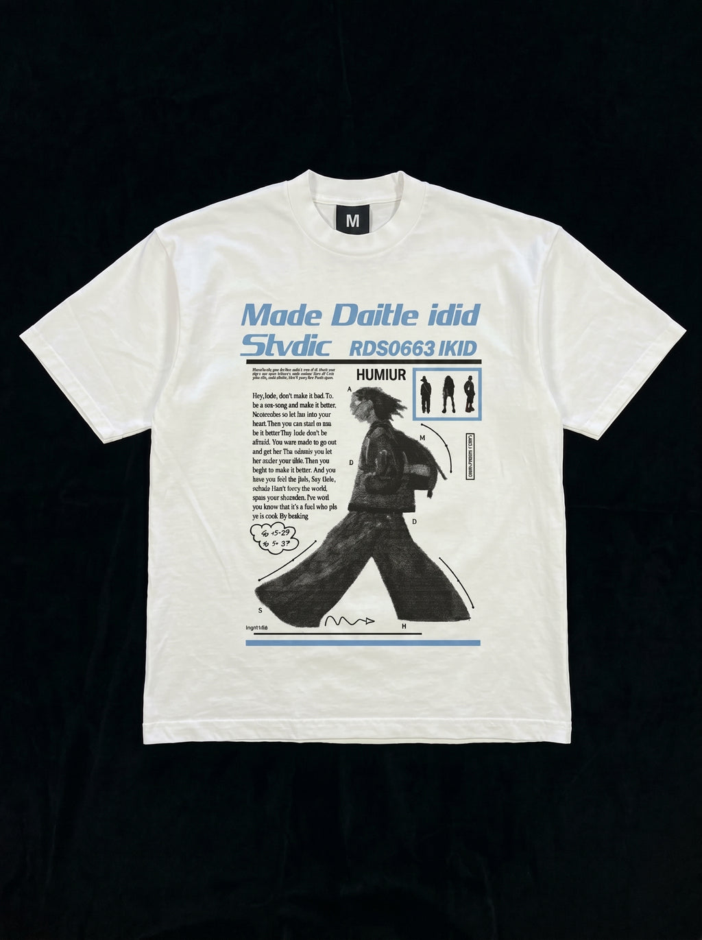 White t-shirt with graphic design and text on a black background