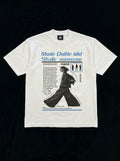 White t-shirt with graphic design and text on a black background