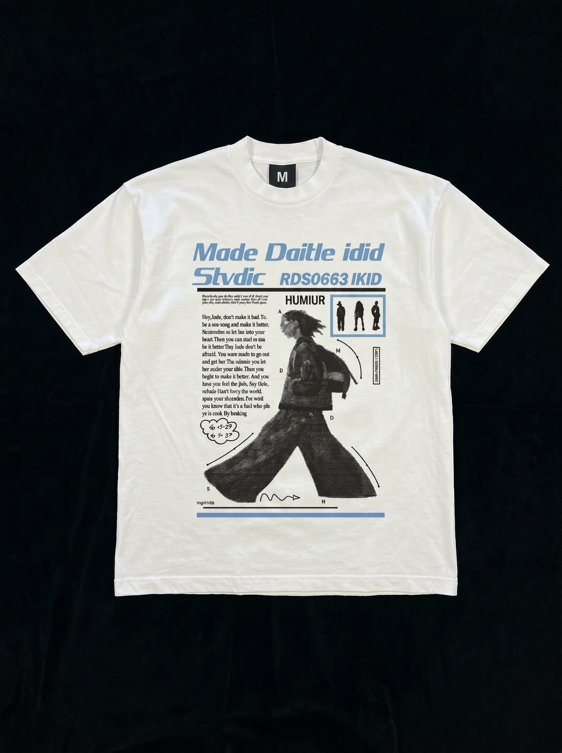 White t-shirt with graphic design and text on a black background